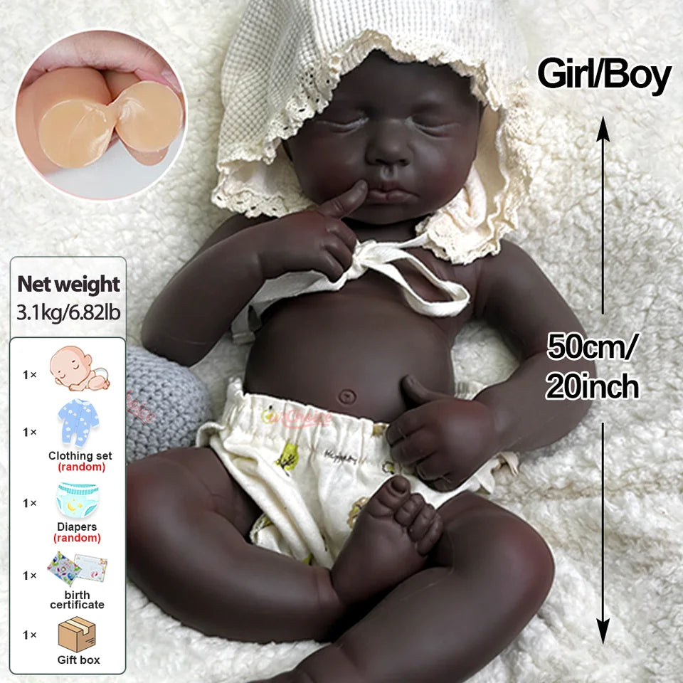 20" Realistic Black Silicone Reborn Baby Doll – Handmade, Weighted, Lifelike Sleeping Newborn Collectible Gift