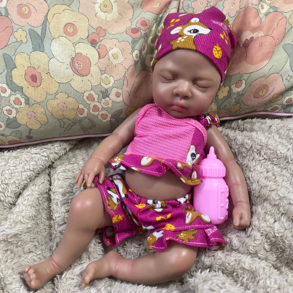13 Inch Dark Skin African American Girl Reborn Baby Doll, Full Solid Silicone Lifelike Realistic Newborn Doll, Washable Kids Play Toy Christmas Gift