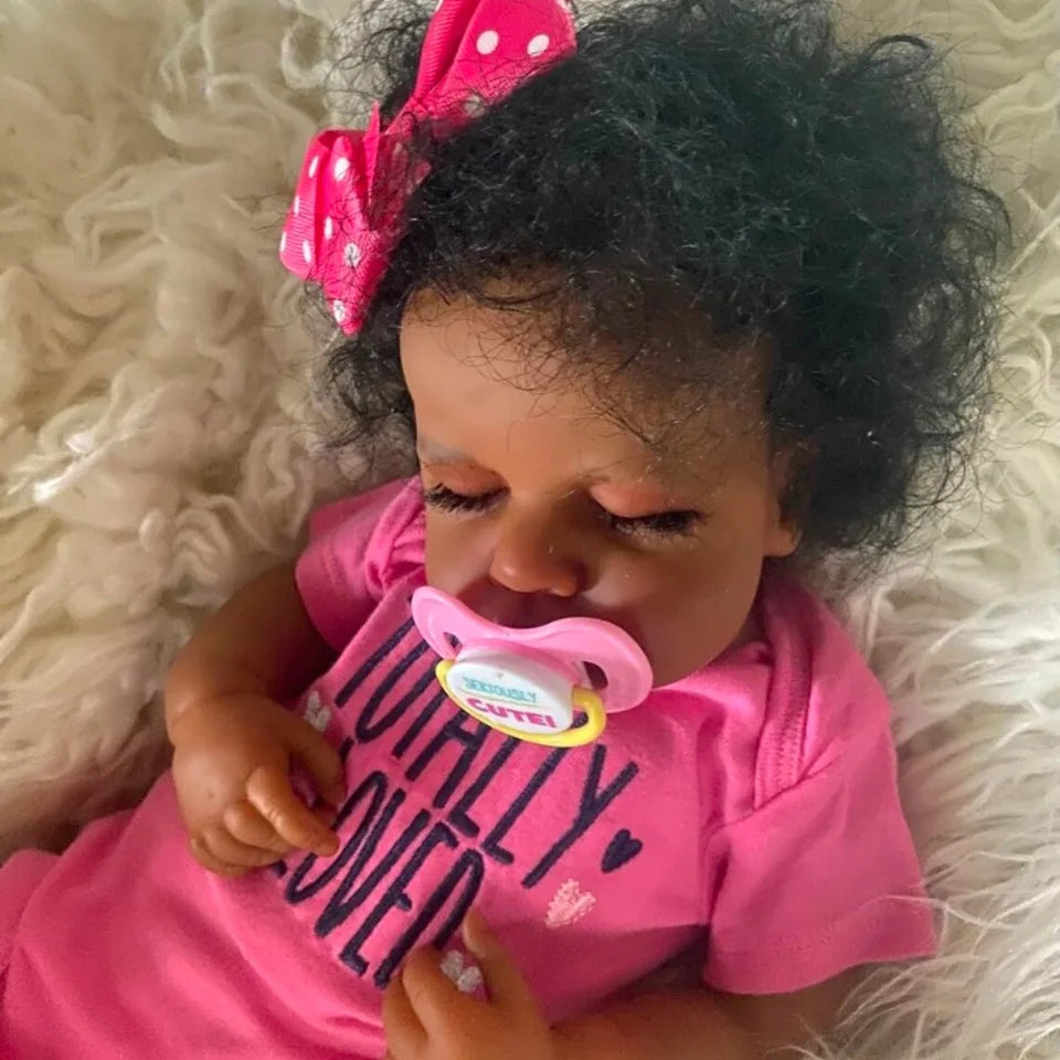 50cm LouLou Sleeping African American Reborn Baby Girl – Finished Newborn Doll with Dark Skin & Hand-Rooted Hair, Perfect Christmas Gift