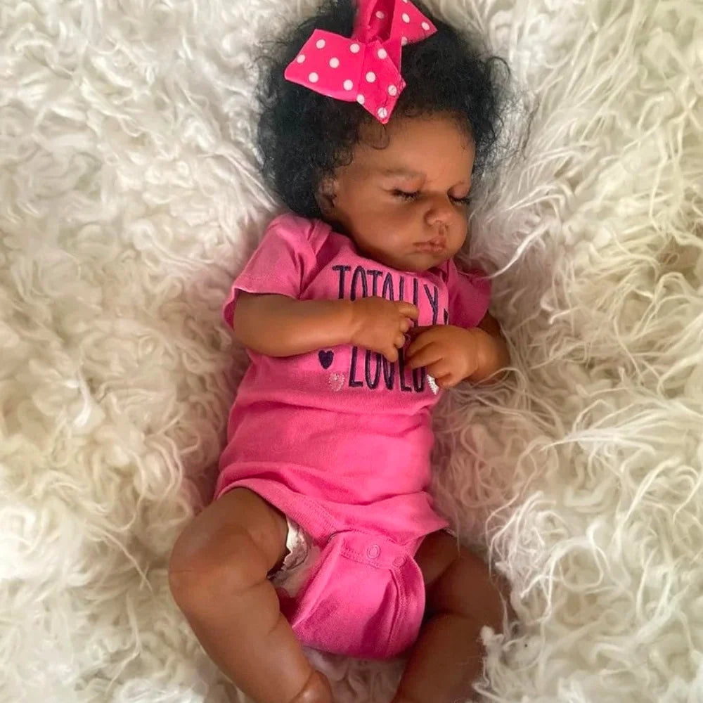 50cm LouLou Sleeping African American Reborn Baby Girl – Finished Newborn Doll with Dark Skin & Hand-Rooted Hair, Perfect Christmas Gift