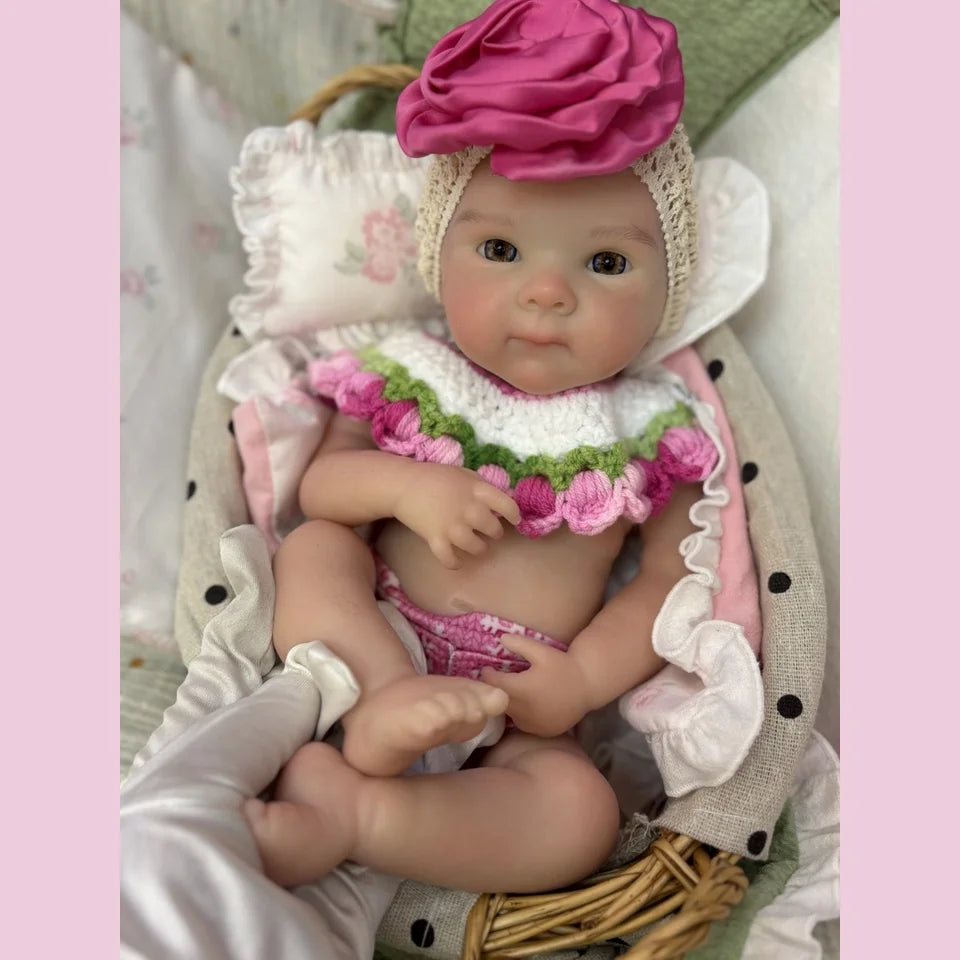 13-Inch Bettie Reborn Baby Girl – Solid Silicone, Open Mouth, Painted Skin, Handmade Newborn Doll