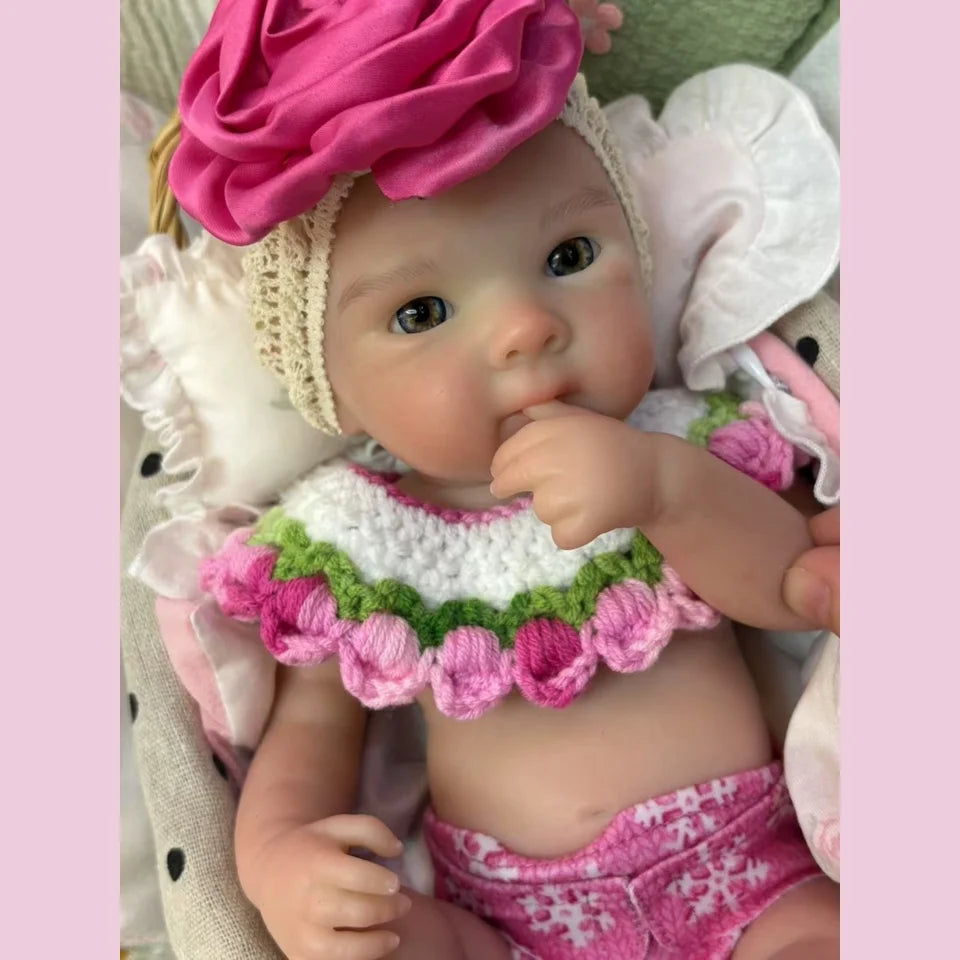 13-Inch Bettie Reborn Baby Girl – Solid Silicone, Open Mouth, Painted Skin, Handmade Newborn Doll
