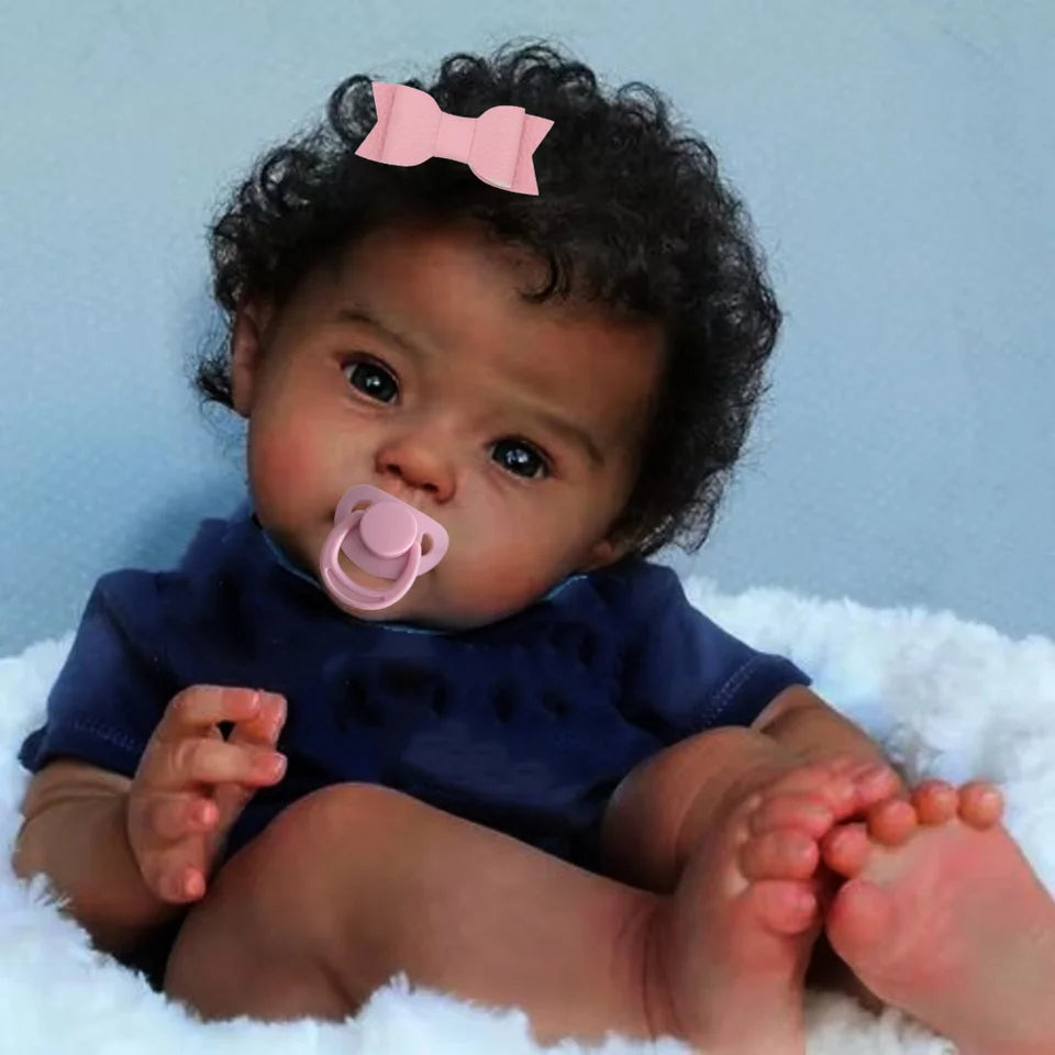20 Inch African American Reborn Baby Doll – Dark Skin Newborn with Rooted Hair, Handmade Gift for Girls