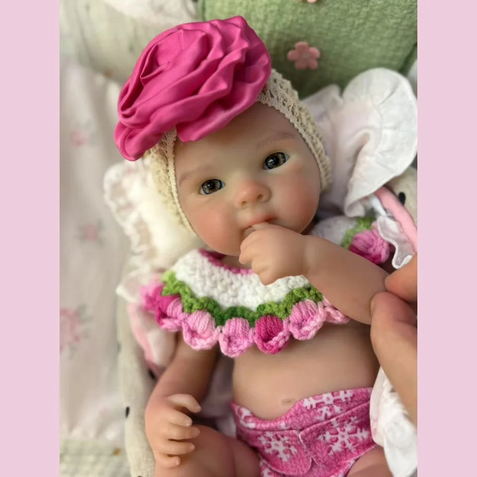 13-Inch Bettie Reborn Baby Girl – Solid Silicone, Open Mouth, Painted Skin, Handmade Newborn Doll