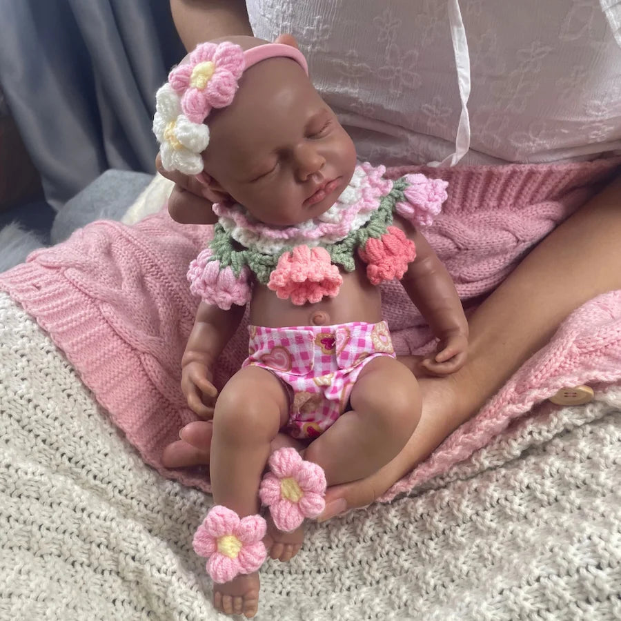 Mini 12" Full Silicone Reborn Baby Doll – Dark Skin African American Girl, Washable Realistic Gift